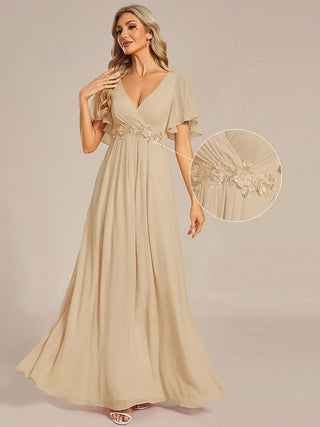 Short Sleeve Ruffle Appliques Deep V-Neck A-Line Floor Length Evening Dresses