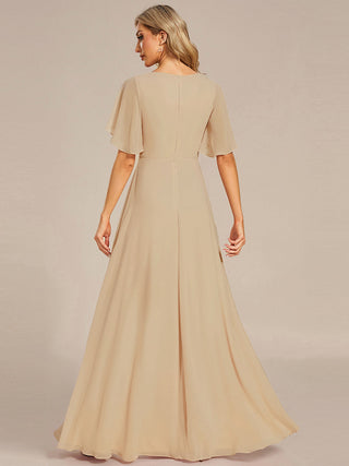 Short Sleeve Ruffle Appliques Deep V-Neck A-Line Floor Length Evening Dresses