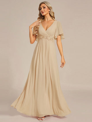 Short Sleeve Ruffle Appliques Deep V-Neck A-Line Floor Length Evening Dresses