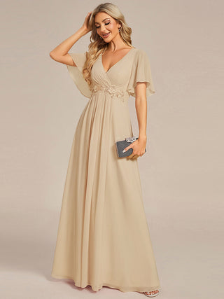 Short Sleeve Ruffle Appliques Deep V-Neck A-Line Floor Length Evening Dresses