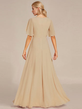 Short Sleeve Ruffle Appliques Deep V-Neck A-Line Floor Length Evening Dresses