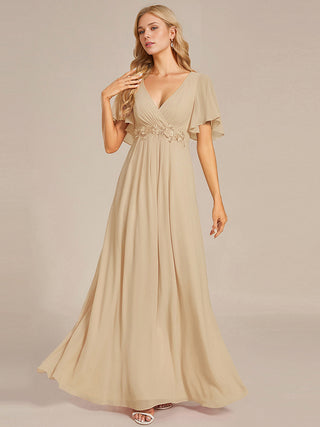 Short Sleeve Ruffle Appliques Deep V-Neck A-Line Floor Length Evening Dresses
