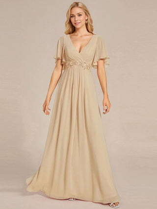 Short Sleeve Ruffle Appliques Deep V-Neck A-Line Floor Length Evening Dresses