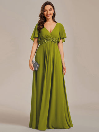 Short Sleeve Ruffle Appliques Deep V-Neck A-Line Floor Length Evening Dresses