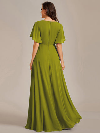 Short Sleeve Ruffle Appliques Deep V-Neck A-Line Floor Length Evening Dresses