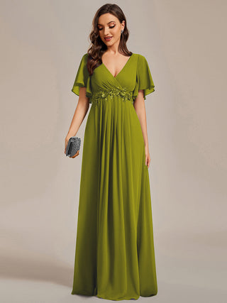 Short Sleeve Ruffle Appliques Deep V-Neck A-Line Floor Length Evening Dresses