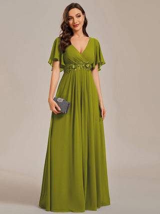Short Sleeve Ruffle Appliques Deep V-Neck A-Line Floor Length Evening Dresses