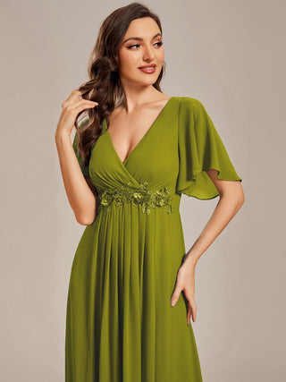 Short Sleeve Ruffle Appliques Deep V-Neck A-Line Floor Length Evening Dresses