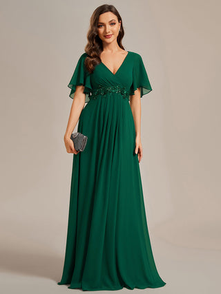 Short Sleeve Ruffle Appliques Deep V-Neck A-Line Floor Length Evening Dresses