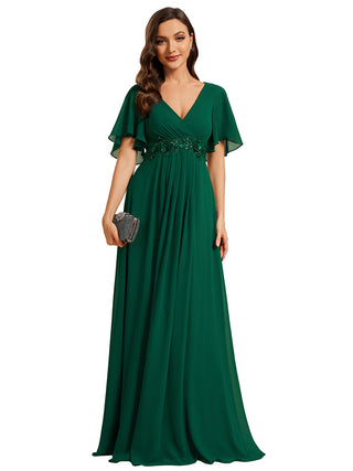 Short Sleeve Ruffle Appliques Deep V-Neck A-Line Floor Length Evening Dresses