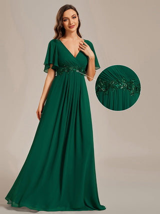 Short Sleeve Ruffle Appliques Deep V-Neck A-Line Floor Length Evening Dresses