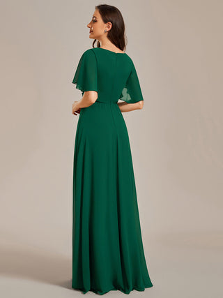 Short Sleeve Ruffle Appliques Deep V-Neck A-Line Floor Length Evening Dresses