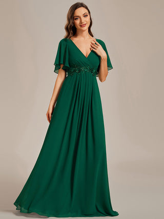 Short Sleeve Ruffle Appliques Deep V-Neck A-Line Floor Length Evening Dresses