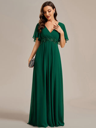 Short Sleeve Ruffle Appliques Deep V-Neck A-Line Floor Length Evening Dresses