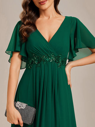 Short Sleeve Ruffle Appliques Deep V-Neck A-Line Floor Length Evening Dresses