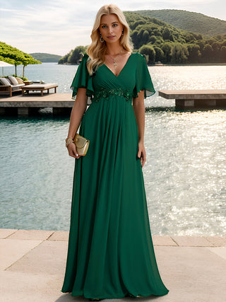 Short Sleeve Ruffle Appliques Deep V-Neck A-Line Floor Length Evening Dresses