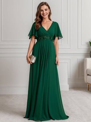 Short Sleeve Ruffle Appliques Deep V-Neck A-Line Floor Length Evening Dresses