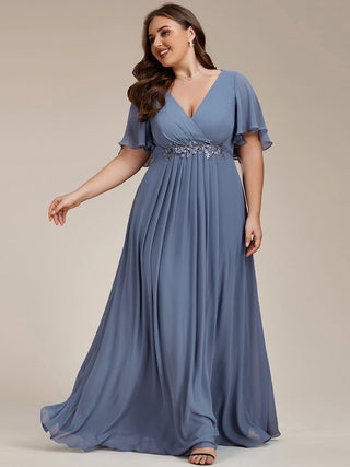 Short Sleeve Ruffle Appliques Deep V-Neck A-Line Floor Length Evening Dresses