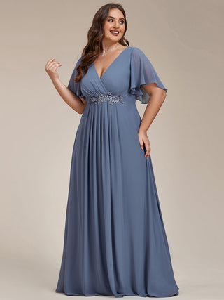 Short Sleeve Ruffle Appliques Deep V-Neck A-Line Floor Length Evening Dresses