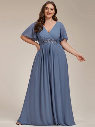 Short Sleeve Ruffle Appliques Deep V-Neck A-Line Floor Length Evening Dresses