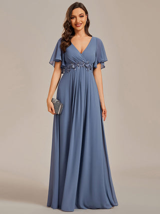 Short Sleeve Ruffle Appliques Deep V-Neck A-Line Floor Length Evening Dresses