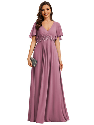 Short Sleeve Ruffle Appliques Deep V-Neck A-Line Floor Length Evening Dresses