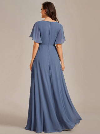 Short Sleeve Ruffle Appliques Deep V-Neck A-Line Floor Length Evening Dresses
