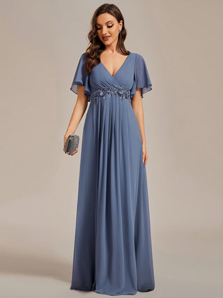 Short Sleeve Ruffle Appliques Deep V-Neck A-Line Floor Length Evening Dresses