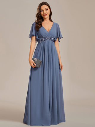 Short Sleeve Ruffle Appliques Deep V-Neck A-Line Floor Length Evening Dresses