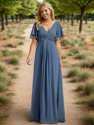 Short Sleeve Ruffle Appliques Deep V-Neck A-Line Floor Length Evening Dresses