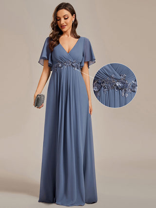 Short Sleeve Ruffle Appliques Deep V-Neck A-Line Floor Length Evening Dresses