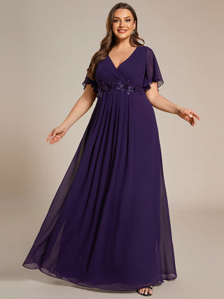 Short Sleeve Ruffle Appliques Deep V-Neck A-Line Floor Length Evening Dresses