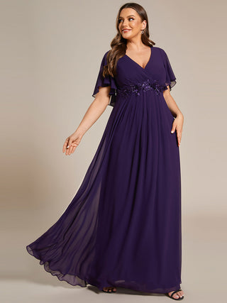 Short Sleeve Ruffle Appliques Deep V-Neck A-Line Floor Length Evening Dresses