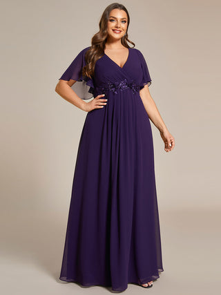 Short Sleeve Ruffle Appliques Deep V-Neck A-Line Floor Length Evening Dresses