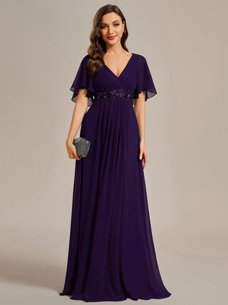 Short Sleeve Ruffle Appliques Deep V-Neck A-Line Floor Length Evening Dresses