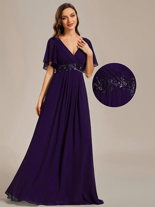 Short Sleeve Ruffle Appliques Deep V-Neck A-Line Floor Length Evening Dresses