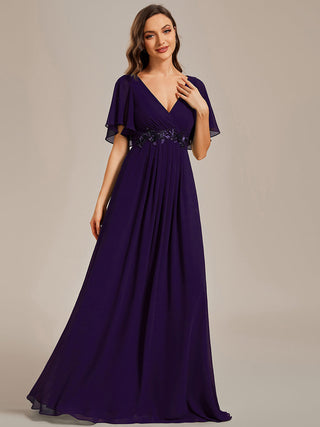 Short Sleeve Ruffle Appliques Deep V-Neck A-Line Floor Length Evening Dresses