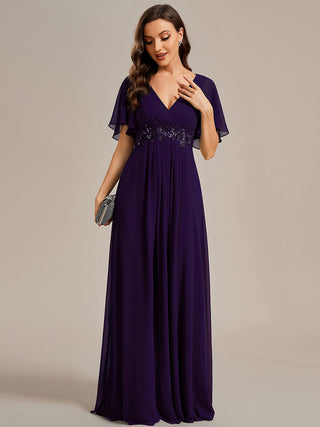 Short Sleeve Ruffle Appliques Deep V-Neck A-Line Floor Length Evening Dresses