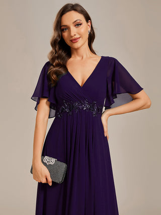 Short Sleeve Ruffle Appliques Deep V-Neck A-Line Floor Length Evening Dresses