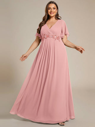 Short Sleeve Ruffle Appliques Deep V-Neck A-Line Floor Length Evening Dresses
