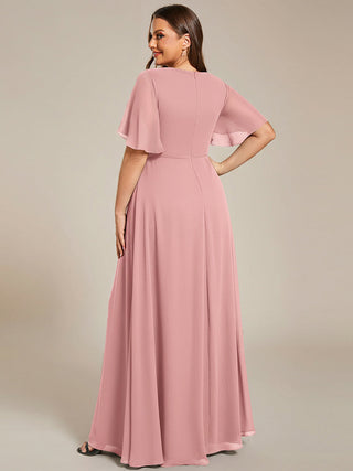 Short Sleeve Ruffle Appliques Deep V-Neck A-Line Floor Length Evening Dresses