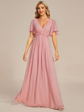 Short Sleeve Ruffle Appliques Deep V-Neck A-Line Floor Length Evening Dresses