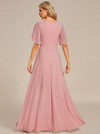 Short Sleeve Ruffle Appliques Deep V-Neck A-Line Floor Length Evening Dresses