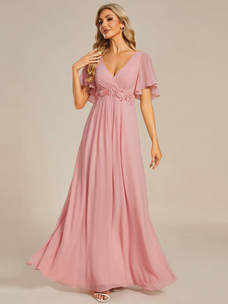 Short Sleeve Ruffle Appliques Deep V-Neck A-Line Floor Length Evening Dresses