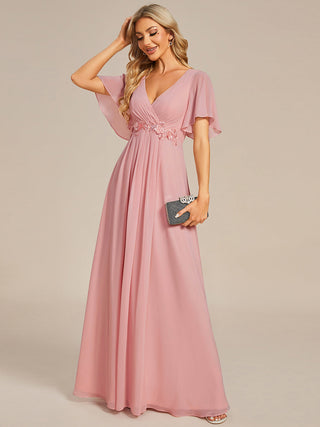 Short Sleeve Ruffle Appliques Deep V-Neck A-Line Floor Length Evening Dresses