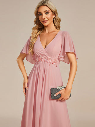Short Sleeve Ruffle Appliques Deep V-Neck A-Line Floor Length Evening Dresses