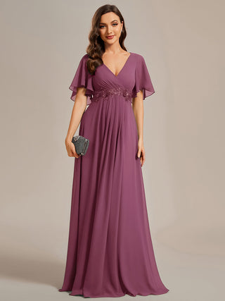 Short Sleeve Ruffle Appliques Deep V-Neck A-Line Floor Length Evening Dresses