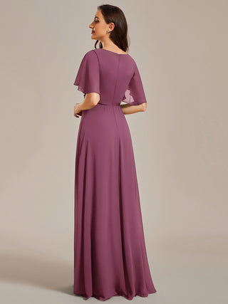 Short Sleeve Ruffle Appliques Deep V-Neck A-Line Floor Length Evening Dresses