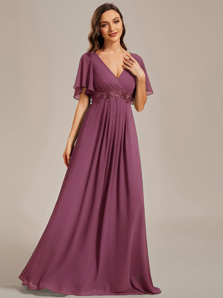 Short Sleeve Ruffle Appliques Deep V-Neck A-Line Floor Length Evening Dresses