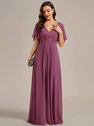 Short Sleeve Ruffle Appliques Deep V-Neck A-Line Floor Length Evening Dresses